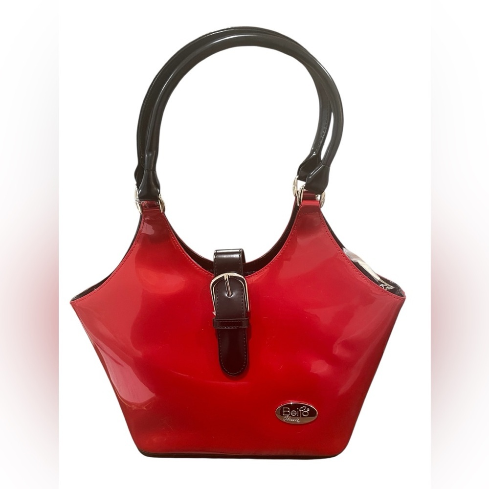 Beijo Red Patent Leather Shoulder Handbag Black Straps Magnetic Closure NWT